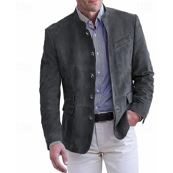 Chaqueta Blazer Casual De OtoñO Para Hombre Cuello Alto Manga Larga Color SóLido BotóN Simple Pecho Chaquetas De Moda S Black-image