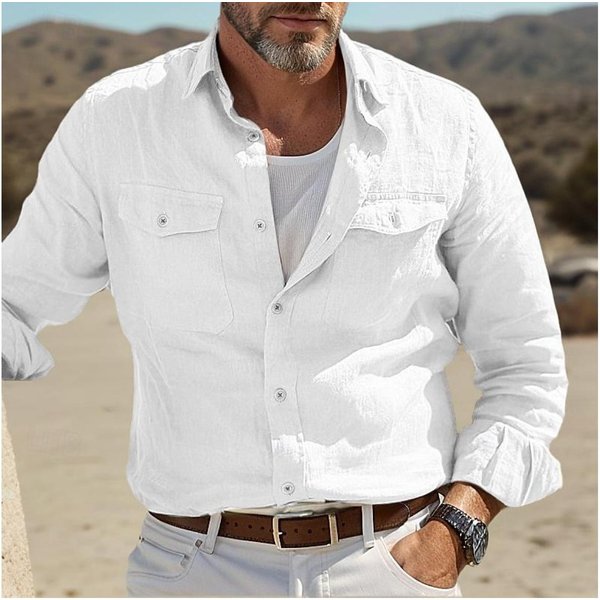 Camisa De Lino De Manga Larga Azul Claro Para Hombre Con Bolsillo En El Pecho, Camisa Casual Con Botones L-image