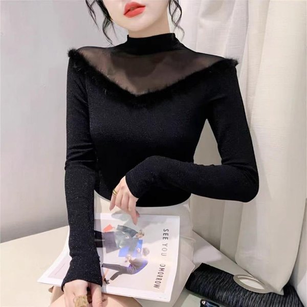 Nueva Camiseta De Manga Larga De Malla De Invierno Para Mujer, VersáTil Y Ajustada. 3XL Black-image