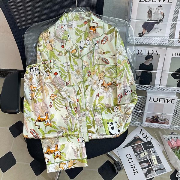 Pijamas De Seda Para Mujer, Pijamas De Manga Larga, Pijamas, Traje Con Estampado De Flores, Seda De Hielo De Alta Calidad, Se Pueden Usar Fuera Del Hogar, Pijamas XL Gray-image