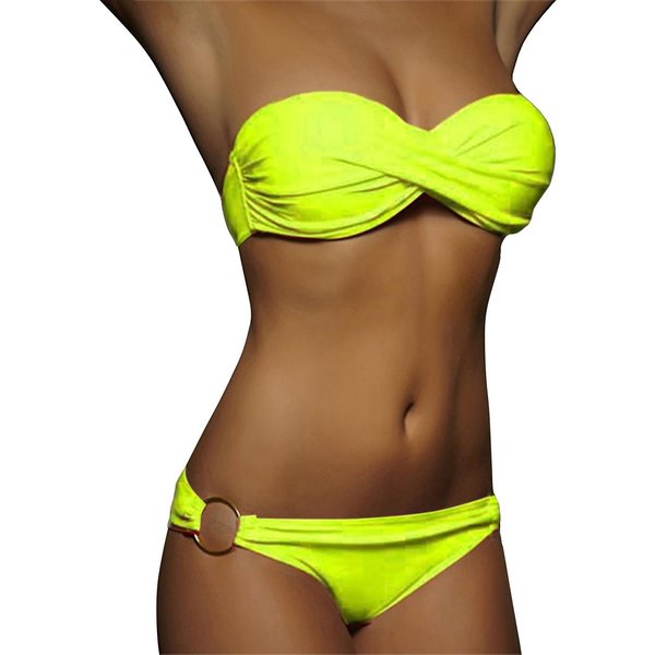 Seksowny Zielony StróJ KąPielowy Bikini Bez RamiąCzek Brazylijski StróJ KąPielowy Kobiety Odzież PlażOwa Lato Damski Push Up Seksowny DwuczęśCiowy Zestaw Bikini L żółTy-image