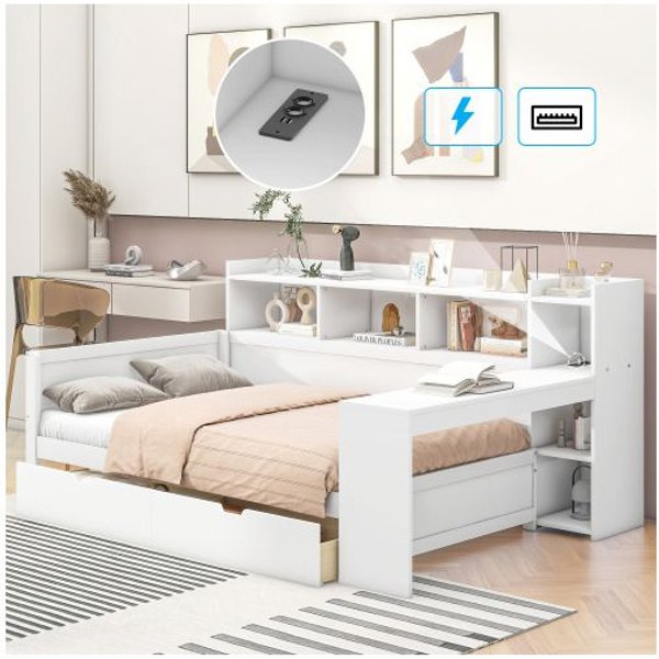 Sofá Cama - Muvoe - 90 X 200 Cm - Blanco - Puerto Usb - 2 Cajones De Almacenamiento-image