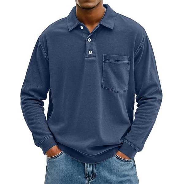 Wiosna Jesień Koszulka Polo Jednolity Kolor Kieszeń MęSka DłUgi RęKaw Vintage T-Shirt MęSki Uniwersalny Guziki Sweter Top 5XL Kolor Granatowy-image