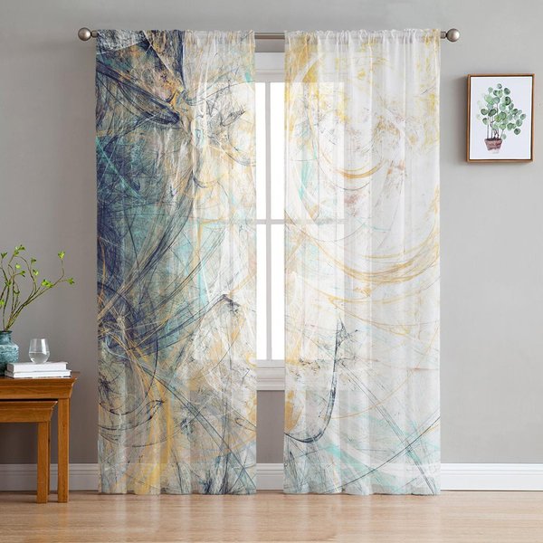 Malowane Geometryczne ŻółTe Tiulowe Przezroczyste ZasłOny Do Salonu Sypialni Kuchni Okna ZasłOny Szyfonowe 1 PCS W100Xh250Cm&Grommet Top-image