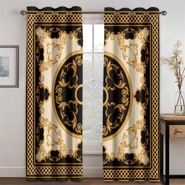 Cortina De 2 Paneles Con PatróN CláSico De Lujo Moderno 3D Negro Dorado Logo De Marca Sombreado Fino Para Dormitorio Sala De Estar DecoracióN Para El Hogar Ganchos 100W130H(Cm)40X51In&Rod Pocket-image
