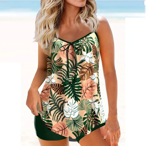 Damskie Zestawy Tankini Z Tropikalnym Nadrukiem Bikini Z Wysokim Stanem I Spodenkami DwuczęśCiowy StróJ KąPielowy KąPielóWki Stroje KąPielowe Kostium KąPielowy Kostiumy KąPielowe Xxxxxl Zielony-image