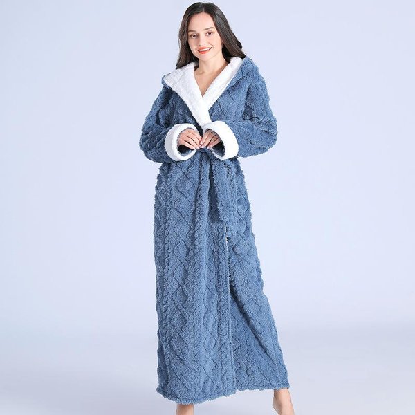 Bata De BañO Larga Y Holgada Con Capucha Para Mujer, Bata De BañO Gruesa De Invierno, De Franela De Felpa, CáLida Y CóModa, Para Dormir M Gris-image