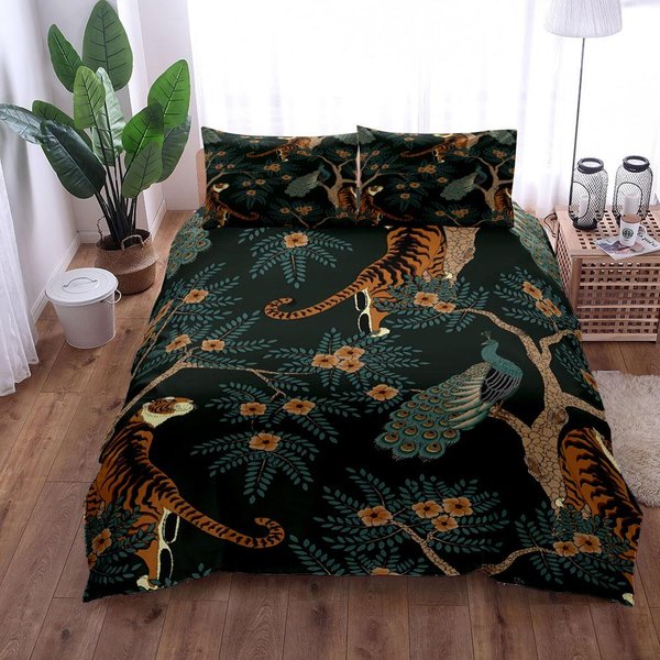 Set De Funda NóRdica Vintage Tigre Verde Y Pavo Real King Queen Doble Completo Twin Individual TamañO Juego De Ropa De Cama 135X200Cm-image