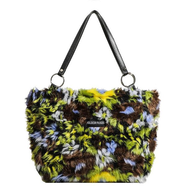Bolso Mullido De Invierno OtoñO E Invierno Felpa Pintura Al ÓLeo Tote Mullido Con Personalidad Bolso De Hombro Black-image