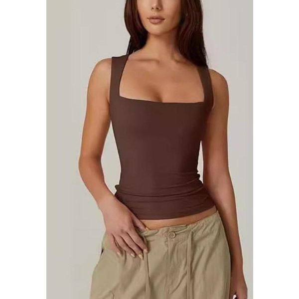 Letni Damski Top Bez RęKawóW Z Kwadratowym Dekoltem, Dwuwarstwowy, Podstawowy, ObcisłY T-Shirt M Brown-image