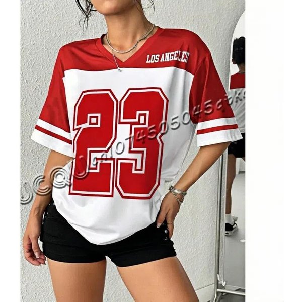 3-Kolorowy Damski T-Shirt Z Nadrukiem Los Angeles Numer 24 Z Dekoltem W Serek I KróTkim RęKawem Letni T-Shirt Koszulki Baseballowe Paski Plus Size Sportowy T-Shirt 4XL Red-image