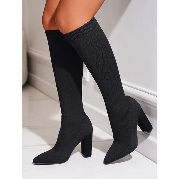 Damskie 10,5 Cm Wysokie Obcasy Elastyczne Kozaki Do Kolana Jesień Zima BrąZowe Szpiczasty Nosek Sexy WąSkie Dzianinowe Damskie Buty Damskie Kozaki 39 Czarny-image