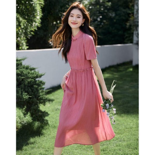 Nuevo Vestido Chino De Manga Abullonada Ajustado A La Cintura Nuevo Vestido De Verano Con Textura Y Falda Larga 2XL Gray-image