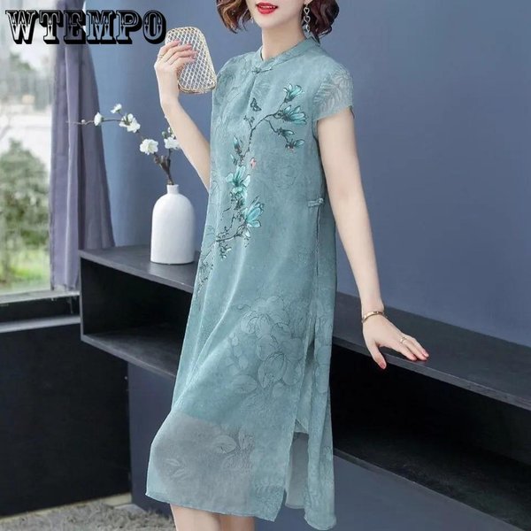 L-XXXXXL Vestido De Gasa De Verano Para Mamá De Talla Grande Falda Por Encima De La Rodilla Estampada Con Cuello Redondo De Longitud Media XL Verde-image