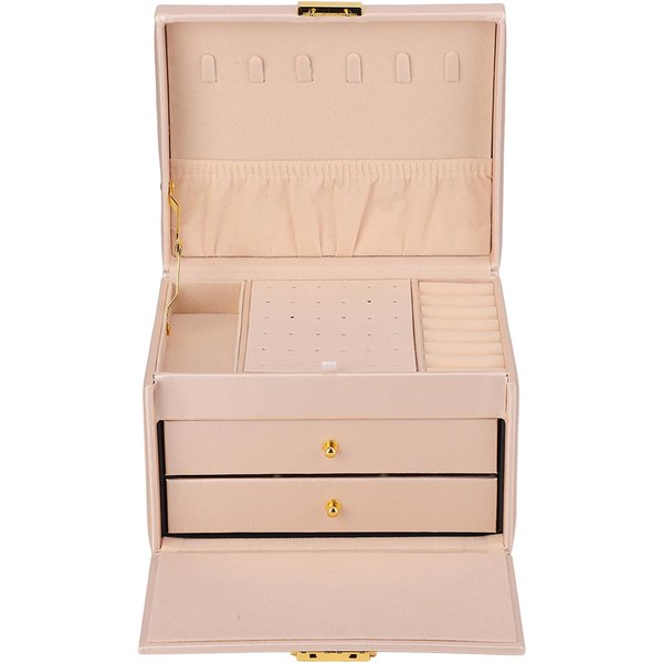 Caja De JoyeríA Cuero PU 3 Capas Caja De Almacenamiento De JoyeríA Con Cerradura Para Pendientes Pulseras Anillos Collar Beige-image