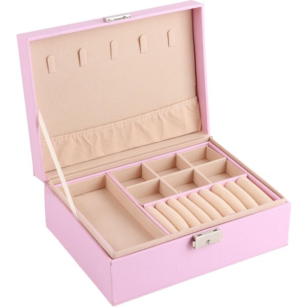 Joyero Rosa Durable Cuero PU Elegante Doble Capa Gran Capacidad Estuche Para Joyas Para Anillos Beige-image