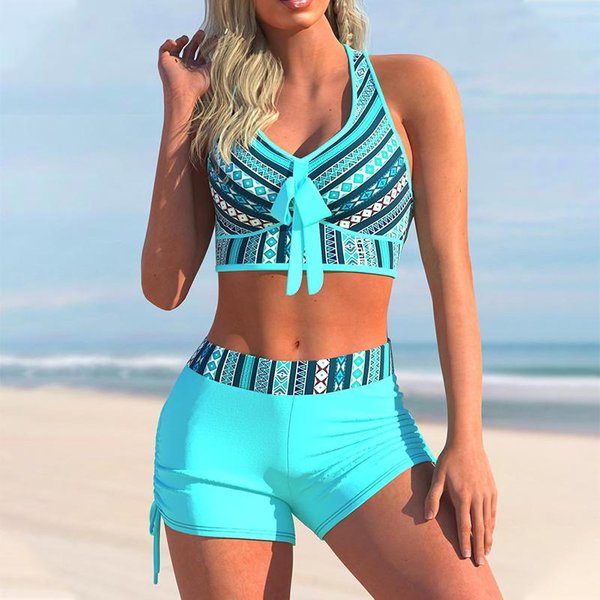 Stroje KąPielowe Damskie Stroje KąPielowe Z Wysokim Stanem Zestaw Bikini Push Up StróJ KąPielowy Z Nadrukiem Bikini Summer Biquini Female S Niebieski-image