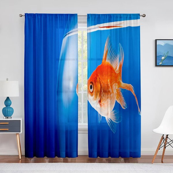 Estanque Pez Dorado Flores Hojas Cortina Transparente Colorida Para Sala De Estar Dormitorio Visillo Cortina De Tul Para Ventana De Cocina DecoracióN Del Hogar 1 PCS W100Xh250Cm&Grommet Top-image
