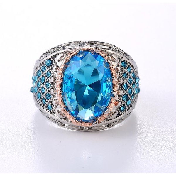 Huitan Lujo Gran Cielo Azul ÓValo CZ Anillos De Dedo Para Mujer Noble Fiesta De CumpleañOs Aniversario Regalo Anillo Para Dama JoyeríA CláSica Brillante 7&Two Tone-image
