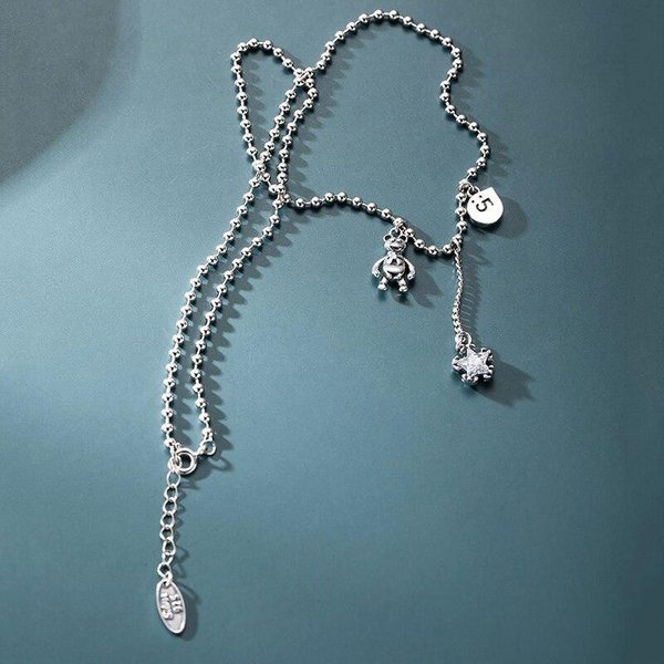 Colgante De Oso Estrella De Circonita De Plata De Ley 925 Collar De Plata Tailandesa Con Cadena Larga Collar Con Borla Para Mujer Regalos De JoyeríA S-N648 40Cm Add 5.5Cm Gray-image
