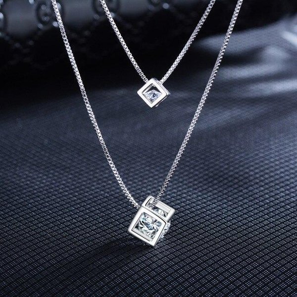 Collar Doble Con Dijes Para Mujer, JoyeríA De Plata 925, Piedras Preciosas, Amatista, Circonita, Colgante De Cubo De Rubik, Cadena Para ClavíCula-image