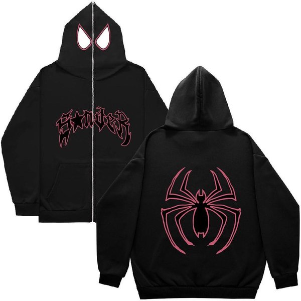 Y2K Damskie Bluzy Z Kapturem Z Nadrukami PająKóW Damskie Hip Hop Zipper Kurtka Z DłUgim RęKawem PłAszcze Jesienno-Zimowa Harajuku Casual LuźNa Bluza Z Kapturem M-image