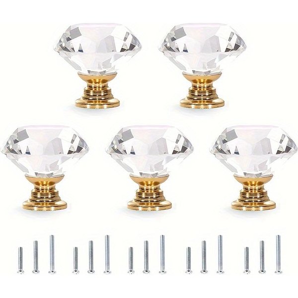 5/10 Szt. 30MM KryształOwo Przezroczysty Szklany Uchwyt Komody, ZłOty Uchwyt Szuflady Z Imitacji Diamentu, GałKa, Uchwyt Szafki Kuchennej Do Szuflady Komody Ze ŚRubami 5Pcs ZłOty-image
