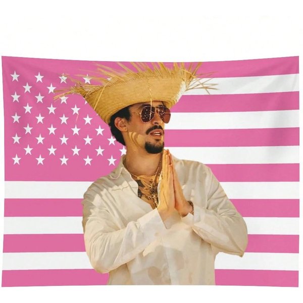 1 Szt. RóżOwa Tapiseria Z Flagą Kuby, Dekoracja ŚCienna Ze ZdjęCiem Bad Bunny, Poliester Z Nadrukiem 2D, Dekoracja Dla FanóW Reggaetonu Do Sypialni, Prezent 40X60Cm Beige-image
