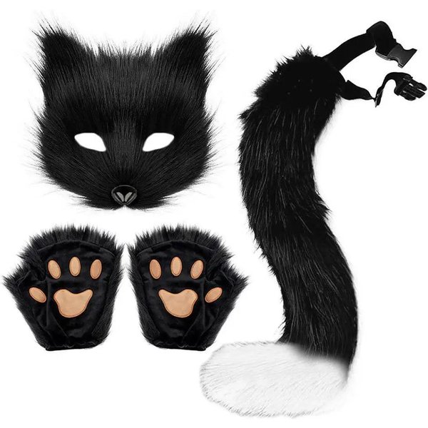 RęKawiczki Z Pazurami Wilka 3D Z Realistyczną PółMaską Kostium Puszystego Kota Zestaw AkcesorióW Futrzane RęKawiczki Ogon ŁApy Halloween Cosplay N0N7 Black-image