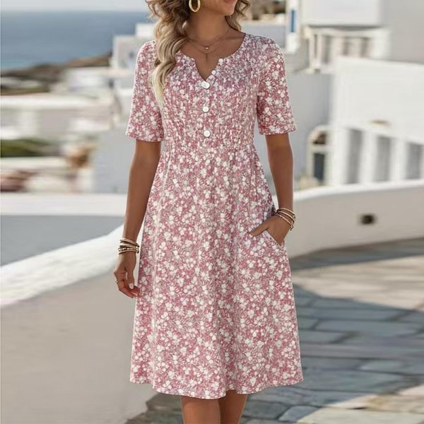 Vestido Midi Floral Para Mujer Con Cuello En V Y Manga Corta L Color Rosa-image