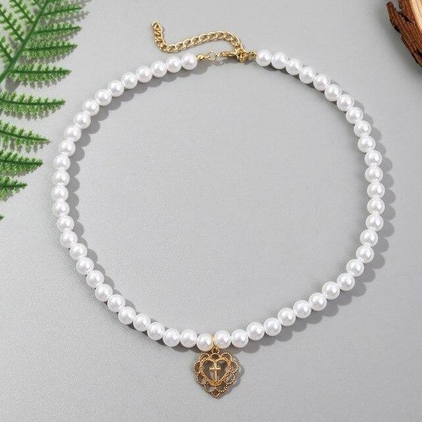 Nowa Moda Wenecki Naszyjnik Choker Z Perłą KrzyżYk Z Zawieszką W KształCie Serca Dla Kobiet BiżUteria Akcesoria 45Cm BiałY-image
