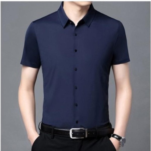 Camisa De Verano Nueva Sin Costuras Con Cinta Adhesiva Para Hombre De Manga Corta Moda EláStica Color SóLido Negocios Sin Planchar Camisa Para Hombre Xxxxl Black-image