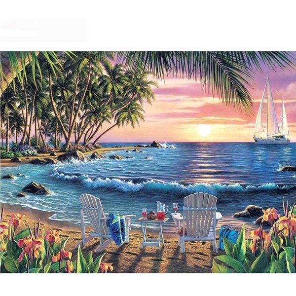 Bordado Paisaje Taladro Redondo Completo 5D DIY Pintura De Diamantes Verano Mar Punto De Cruz Playa 20X30CM-image