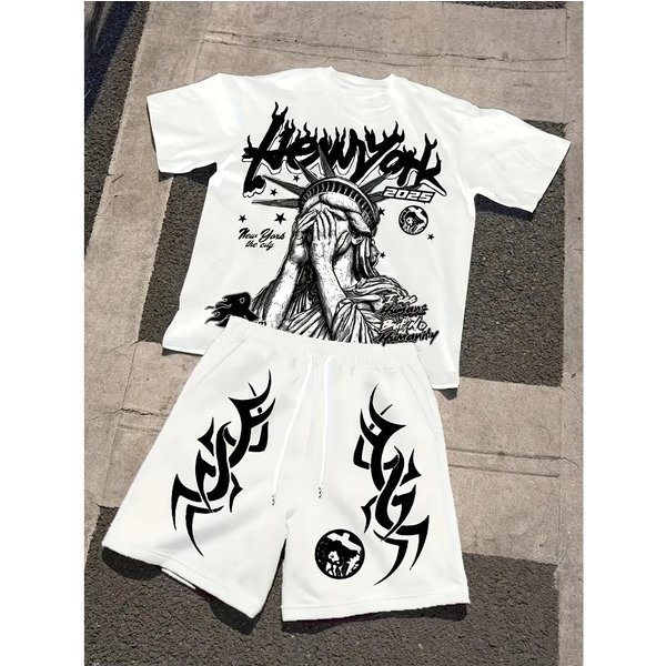 Camiseta Y Pantalones Cortos Con Estampado De Letras Y Figuras De Moda Para NiñOs Conjunto De 2 Piezas Atuendo Casual De Verano Para NiñOs Y NiñAs Ropa Infantil 150-image