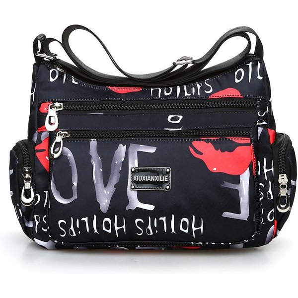 Torba Crossbody Z Nadrukiem Kwiatowym, Modna Nylonowa Torba Na Ramię, Damska Wielowarstwowa Torba Listonoszka Na Podróż Black-image