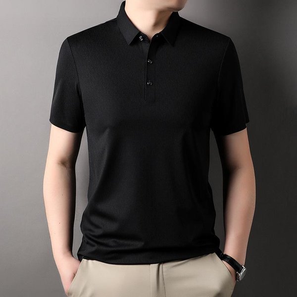 Camiseta De Manga Corta De Seda De Morera Para Hombre Camiseta Polo De Negocios De Color SóLido Para Hombre Sin Planchado Seda De Hielo Sin Costuras Solapa Camiseta Para Hombre 4XL-image