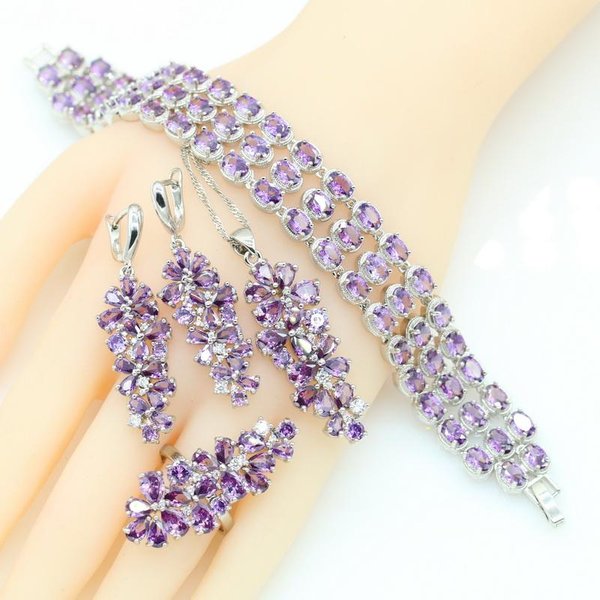 Conjuntos De JoyeríA De Circonita Morada Para Mujer Pulsera Pendientes Collar Colgante Anillo Caja De Regalo 8 Beige-image