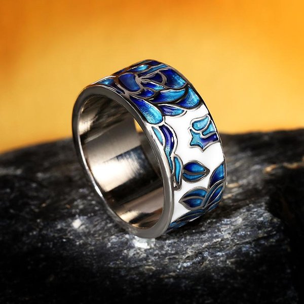 Anillo Azul Flor CláSica Esmalte Epoxi 925 Para JoyeríA De Damas Anillo De Boda JoyeríA Nupcial Anillo 10 Gray-image