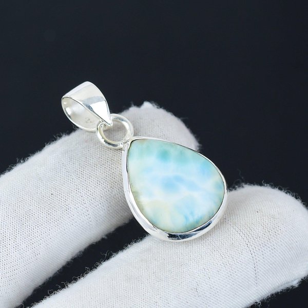 Naturalny Larimar Kamień Srebrny Wisiorek Ze Srebra PróBy 925 - RęCznie Robiony Design, BiżUteria Do Noszenia Na Co Dzień, Unikalny Wisiorek Prezent Urodzinowy 1.96"-image