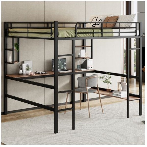 Litera Alta, Cama MetáLica Con Somier 140X200 Cm, Cama De Hierro Con Escritorio, Sin ColchóN, Negro-image