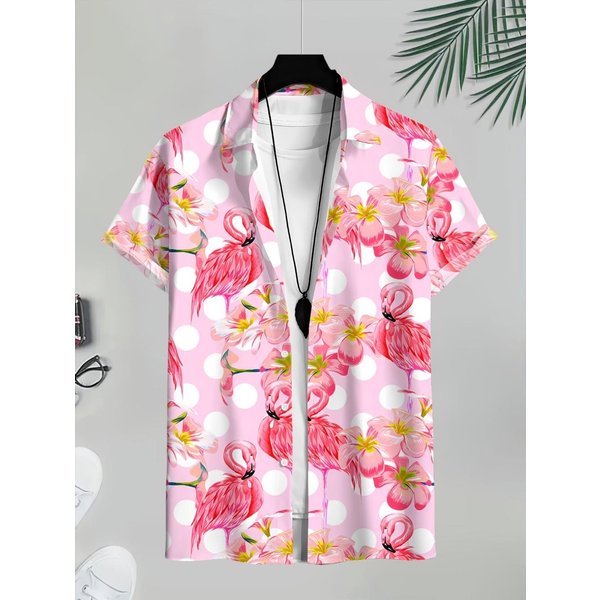 Camisa De Manga Corta Para Hombre Con Estampado De Flamenco Y Flores BotáNicas Hawaianas Cuello Camisero Camisa De Playa Top Moda Casual Camisas Tops De Secado RáPido 4XL-image