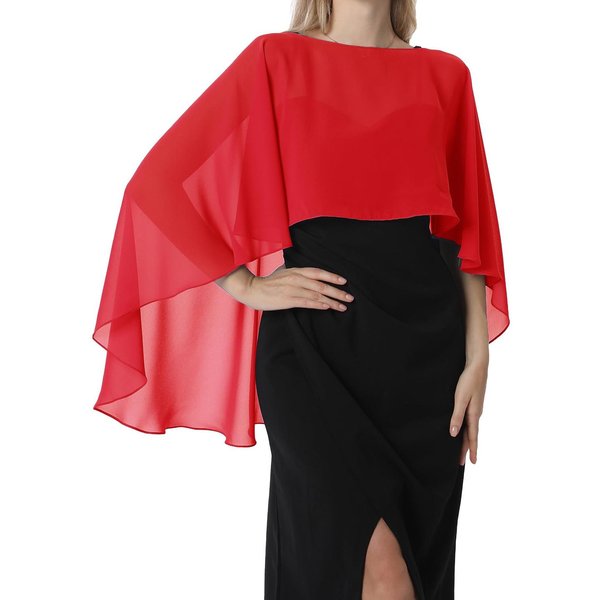 Elegancki Szyfonowy Szal Damski - Okrycie Na Suknię Wieczorową, Weselną, MięKki Jedwabny Szal Pashmina Dla Pań Front 24Cm Back 60Cm Approx. 104G Czerwony-image