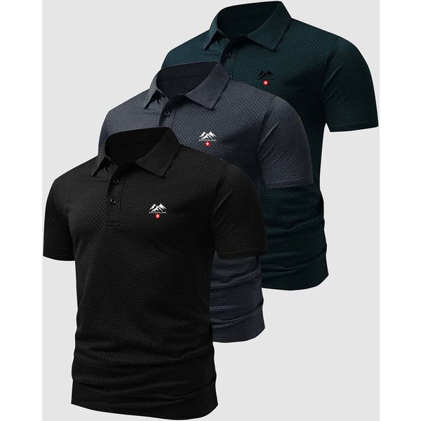 MęSki 3-Pak Koszulek Polo Z Dzianiny Waflowej Z Nadrukiem GóRskim, Casualowe Topy Z KróTkim RęKawem, MięKkie, Elastyczne, Do Codziennego Noszenia S Black-image