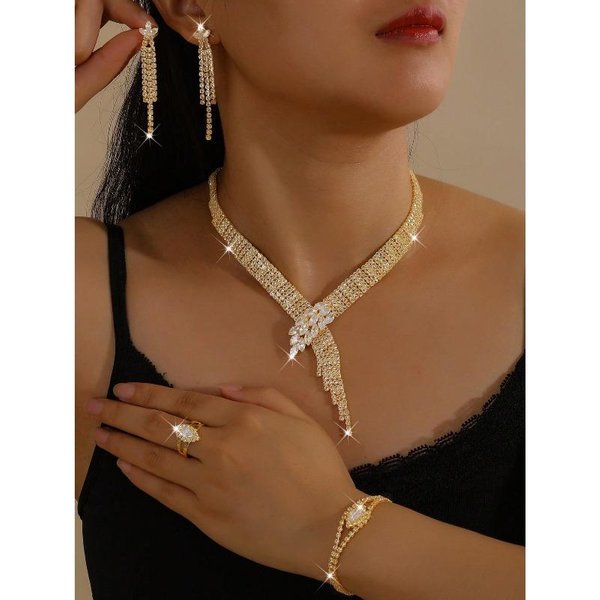 Elegante Conjunto De JoyeríA De Circonita GeoméTrica: Collar, Pendientes, Pulsera, Anillo One-Size Oro-image