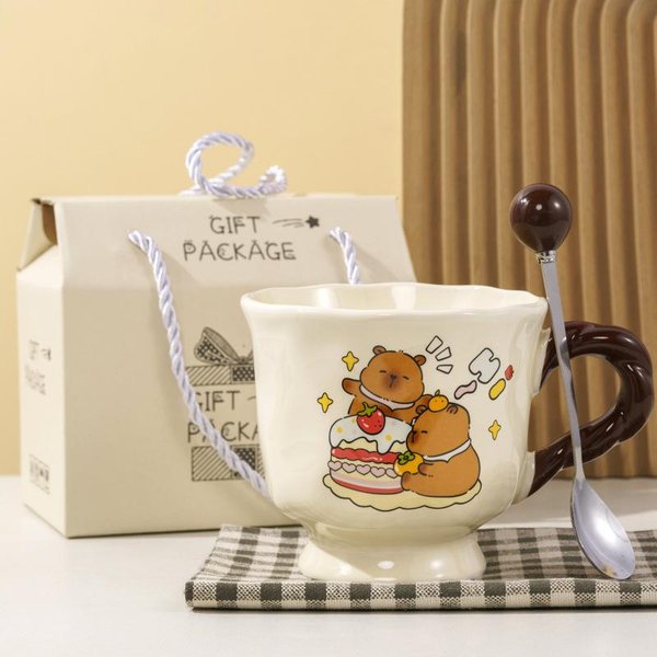 Taza De CeráMica Kapibala Budista Taza De Capibara Alta-Bonita Con Cuchara Taza De Agua Linda Para Estudiante Recuerdo Para Pareja 301-400Ml Brown-image
