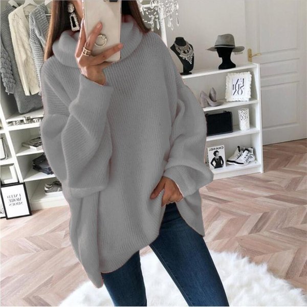 Moda Invierno Mujer SuéTer Casual Suelto Color SóLido Cuello Alto CáLido Top L Gray-image