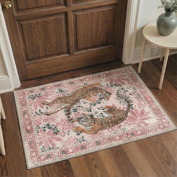 Vintage RóżOwy Tygrys Kwiatowy Wycieraczka AntypośLizgowa Zmywalna Dywanik PodłOgowy Do WejśCia PrzedpokóJ WystróJ Domu W Stylu Wiejskim 50X80Cm 20X31Inch-image