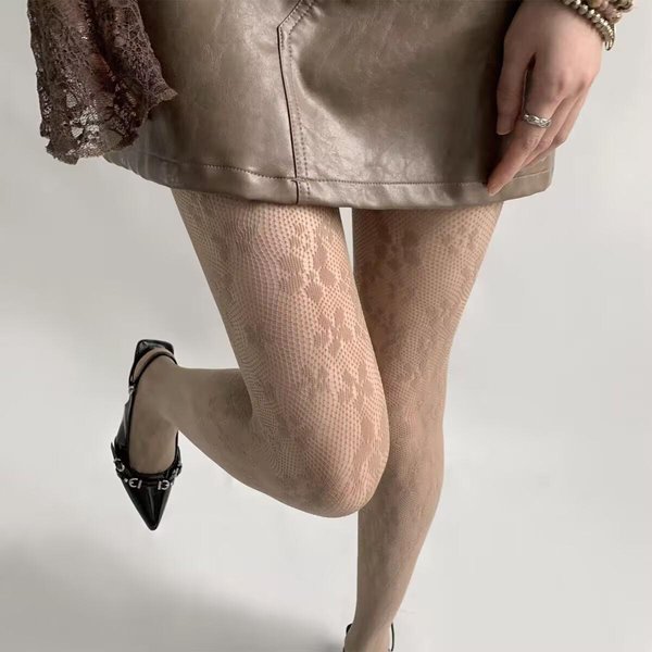 Modne Lolita Kwiatowe Wycinane Seksowne Rajstopy Damskie Siatkowe Bordowe Rajstopy PońCzochy Bielizna Damska Seksowna Siatkowa One Size Gray-image