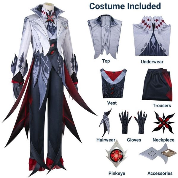 Arlecchino BłAzen Kostium Cosplay Genshin Impact Harbinger Fatui Zestaw Z Peruką SłUga Snezhnaya Kostiumy Na Halloween Dla Kobiet S Gray-image