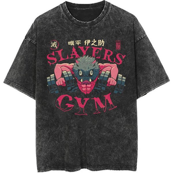 Camiseta Estampada Lavada Anime Demon Slayer AlgodóN Hombre Camiseta Lavada Vintage Camiseta GráFica Camisetas Ropa Streetwear S-image